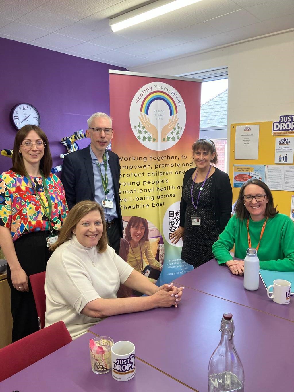 Left to right Hannah Gayle - Substance Use/ Healthy Young Minds/0-19 Healthy Child Programme, Thriving and Prevention, Integrated Commissioning Cheshire East Council. Ange Richardson, Sector Development Officer, CVS CE and lead for the Healthy Young Minds Alliance. Nik Darwin - Programme Lead, Thriving and Prevention, Adult Social Care and Health, Cheshire East Council. Ann Wright Chief Officer, Just Drop In. Sam Ruck Deputy CEO Visyon.