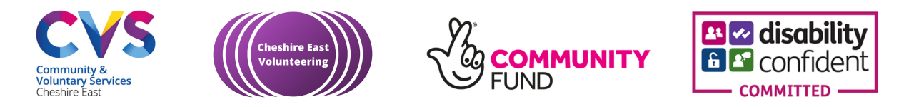 CVS logo, Cheshire East Volunteering Logo, Community Fund logo, Disability Confident Committed logo