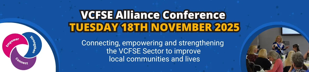 VCFSE Alliance Conference Blue Banner with Aoife Middlemass bottom right